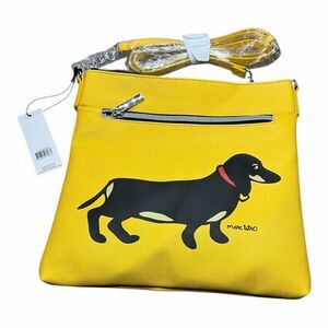 Marc Tetro Yellow Crossbody Bag With Dachshund Design Striped Lining Adjustable